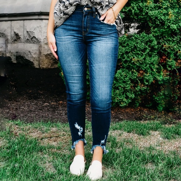 KanCan Denim - Kancan High Rise Distressed Hem Skinny Blue Jeans